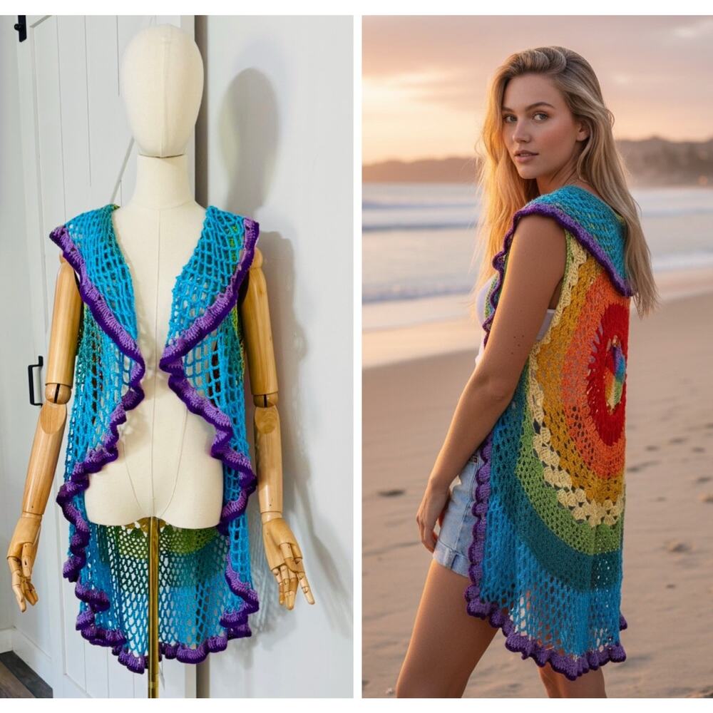 Handmade Vintage Crochet Open Cardigan Granny Retro Hippie Boho Festival OS